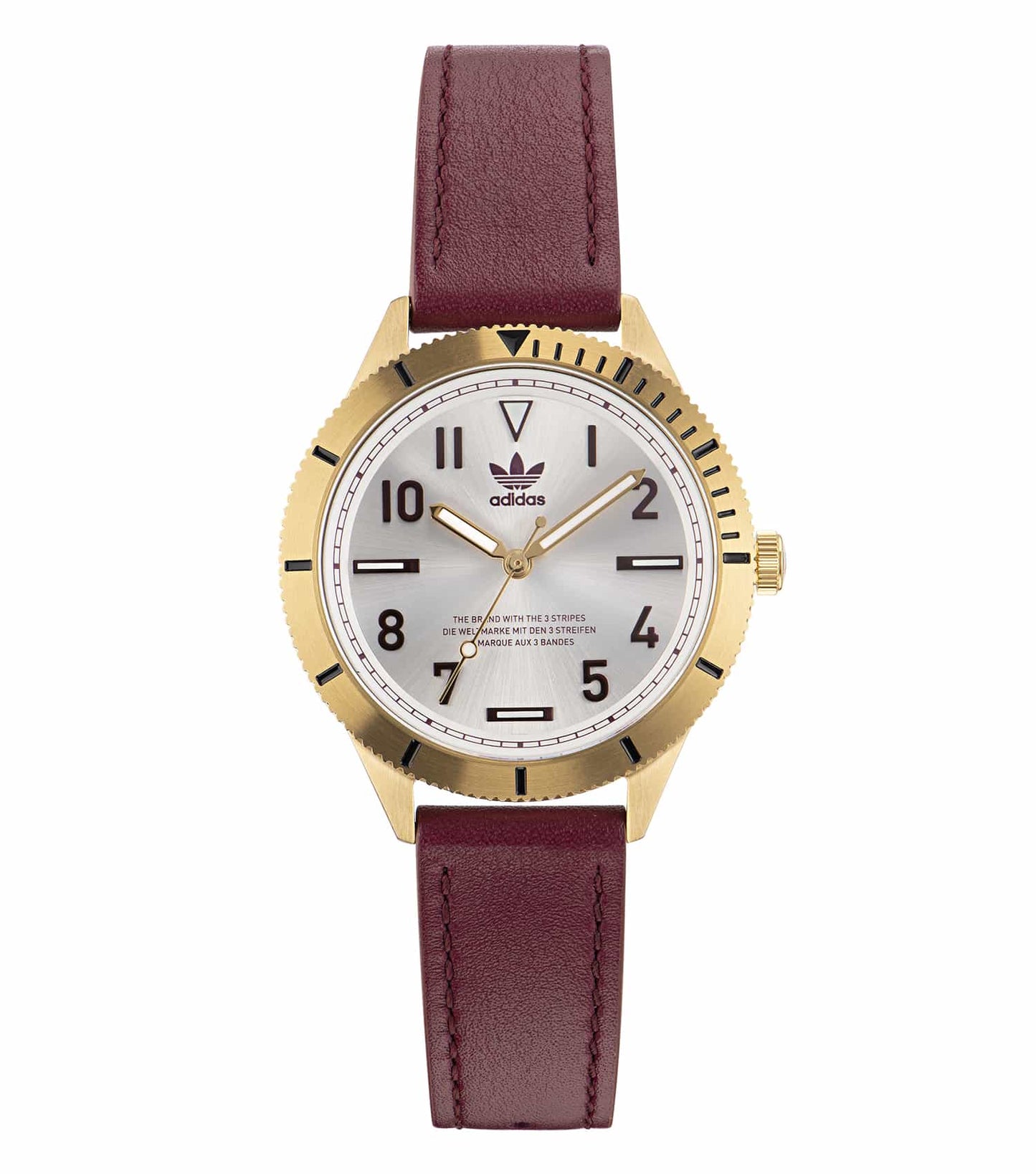 Adidas watch, side view showcasing tri-color design, blending blue, red, and yellow effortlessly, epitomizing casual elegance.