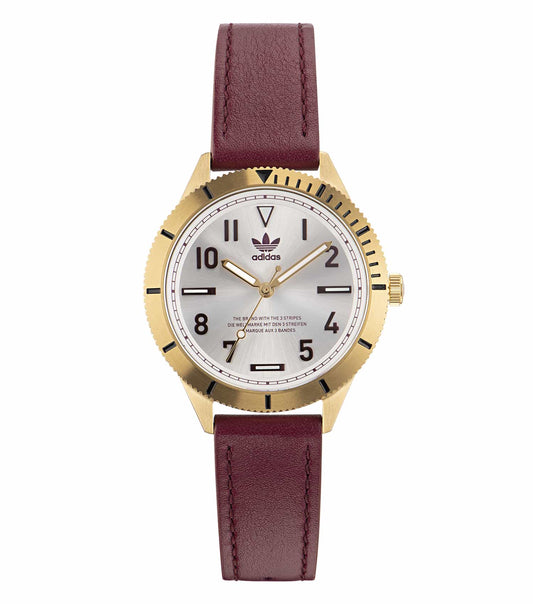 Adidas watch, side view showcasing tri-color design, blending blue, red, and yellow effortlessly, epitomizing casual elegance.