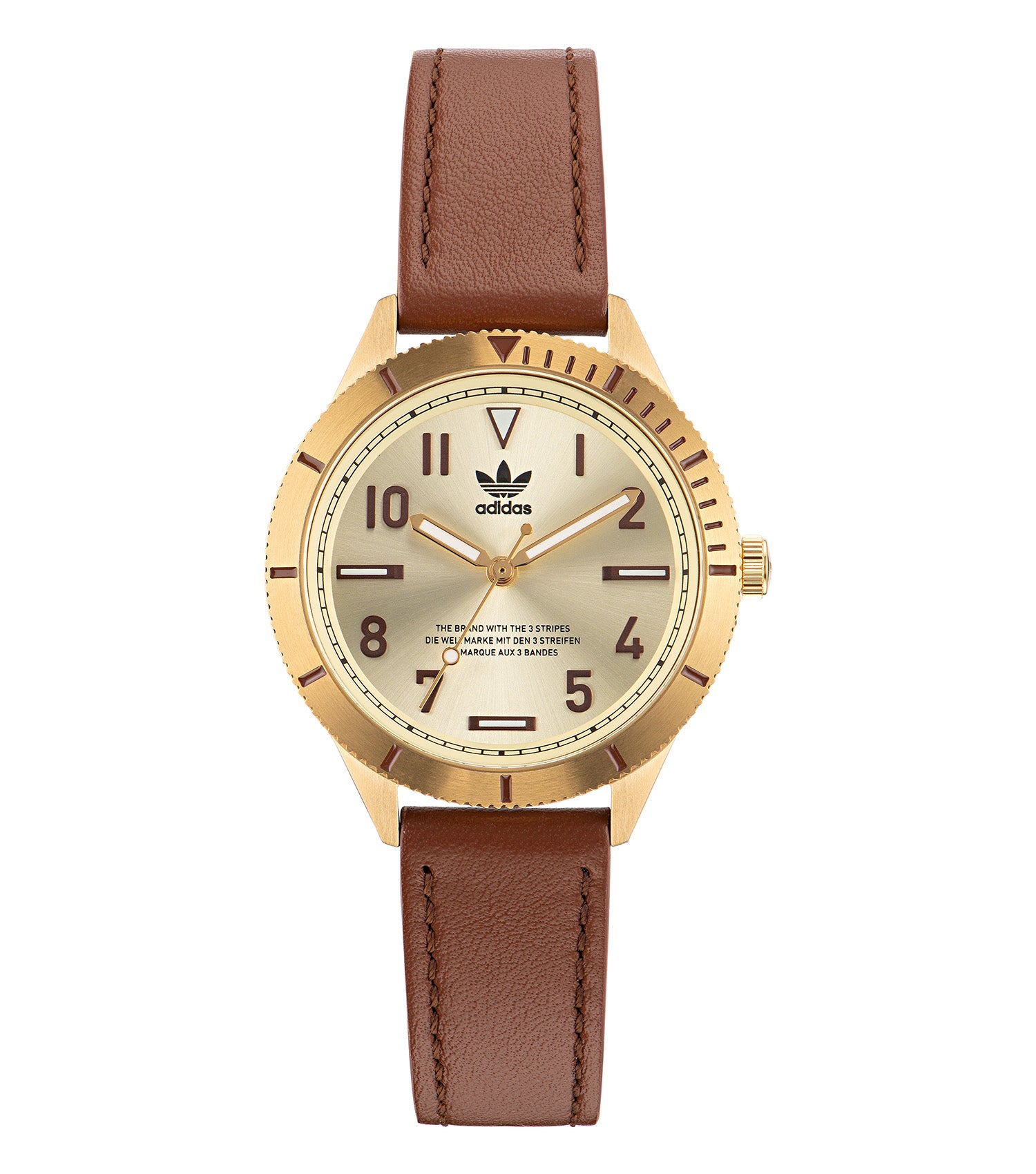 Elegant Adidas watch with sleek three-color design, showcasing side angle; perfect for watch enthusiasts or fashion lovers.