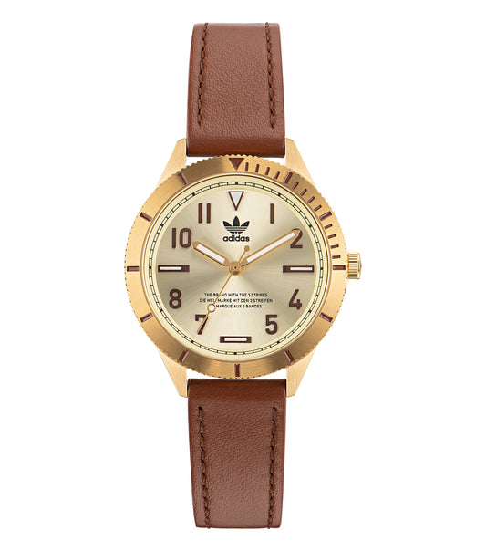 Elegant Adidas watch with sleek three-color design, showcasing side angle; perfect for watch enthusiasts or fashion lovers.