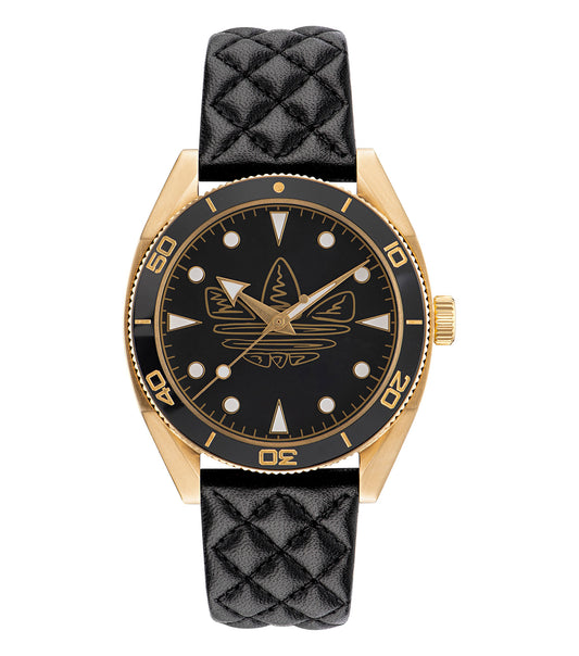 Adidas black watch, side view showcasing sleek design and textured strap, highlighting vibrant yellow accents and minimalist dial.