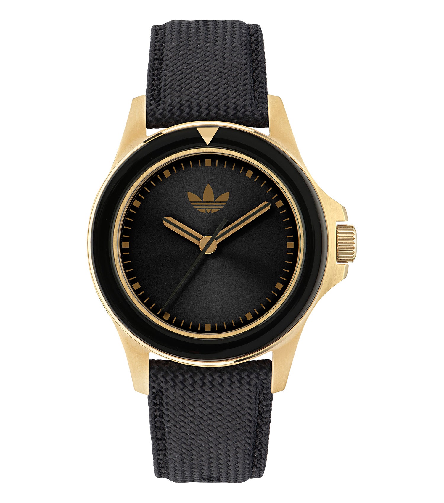 adidas quartz watch showcasing a sleek, black design, perfectly captured at a dynamic side angle highlighting contemporary elegance