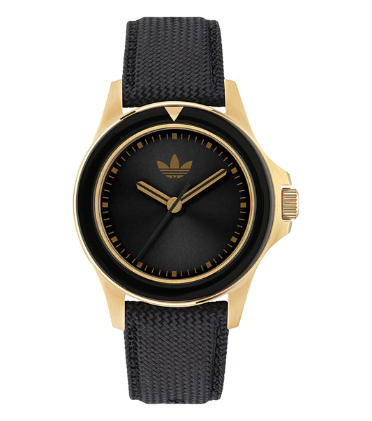 adidas quartz watch showcasing a sleek, black design, perfectly captured at a dynamic side angle highlighting contemporary elegance
