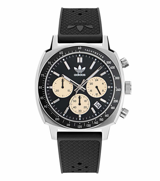Adidas watch, sleek black dial, showcased at a modern angle, minimalist design, textured band, perfect for every style enthusiast.