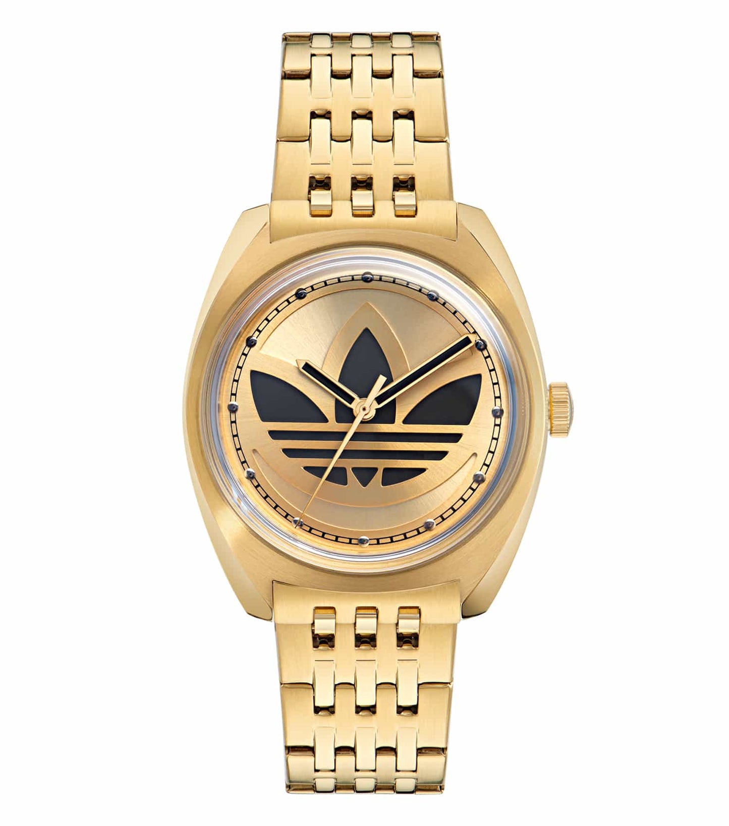 Adidas gold-colored watch with elegant round face, emphasizing luxury and modern design, displayed at a slight angle from the right.