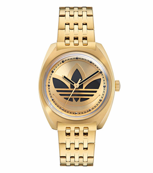 Adidas gold-colored watch with elegant round face, emphasizing luxury and modern design, displayed at a slight angle from the right.
