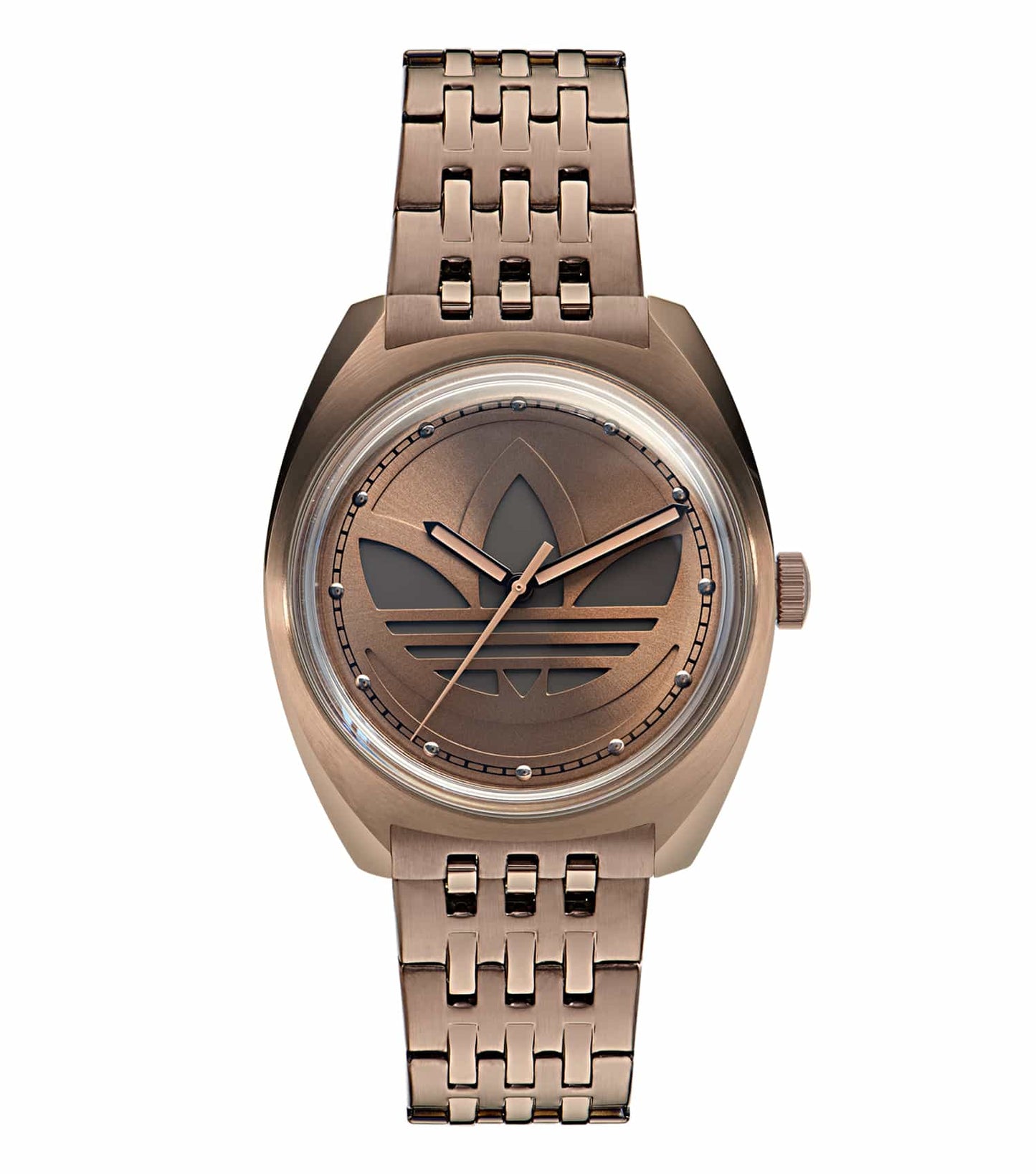 Adidas rose gold watch with a round face and sleek design, elegantly captured at a 39-degree angle, ideal for timepiece enthusiasts.