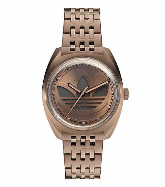 Adidas rose gold watch with a round face and sleek design, elegantly captured at a 39-degree angle, ideal for timepiece enthusiasts.