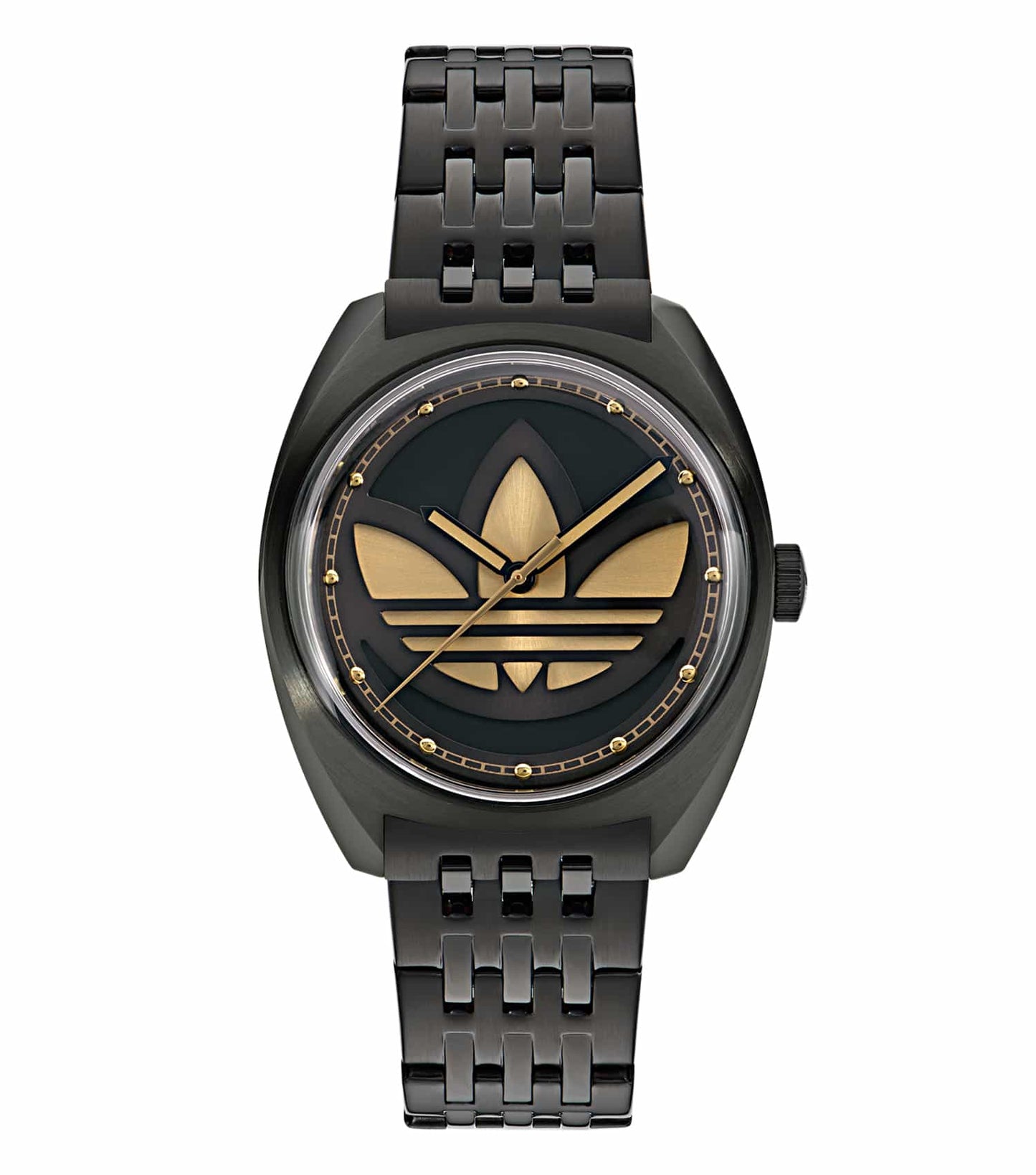 Adidas black watch at a 39-degree angle, showcasing sleek design and durable strap, embodying sporty elegance and functionality.