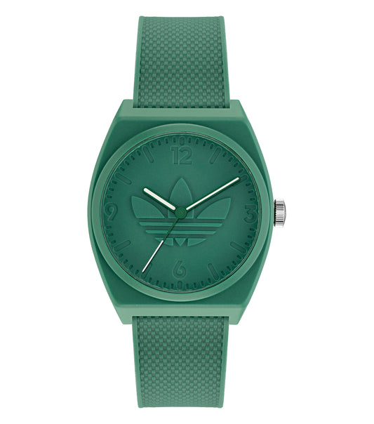 Adidas quartz watch, elegant gray tone, sleek design, side angle view, black minimalist dial, white markers, sporty allure