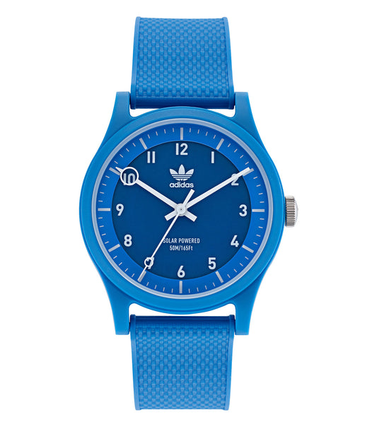 Adidas solar-powered watch with a vibrant orange face, seen at a direct angle for a clear, captivating display of timepiece excellence.