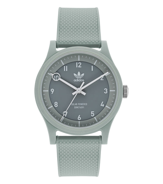 Adidas Solar color watch featuring a striking yellow hue, displayed at a 45-degree angle showcasing its sleek design and style.