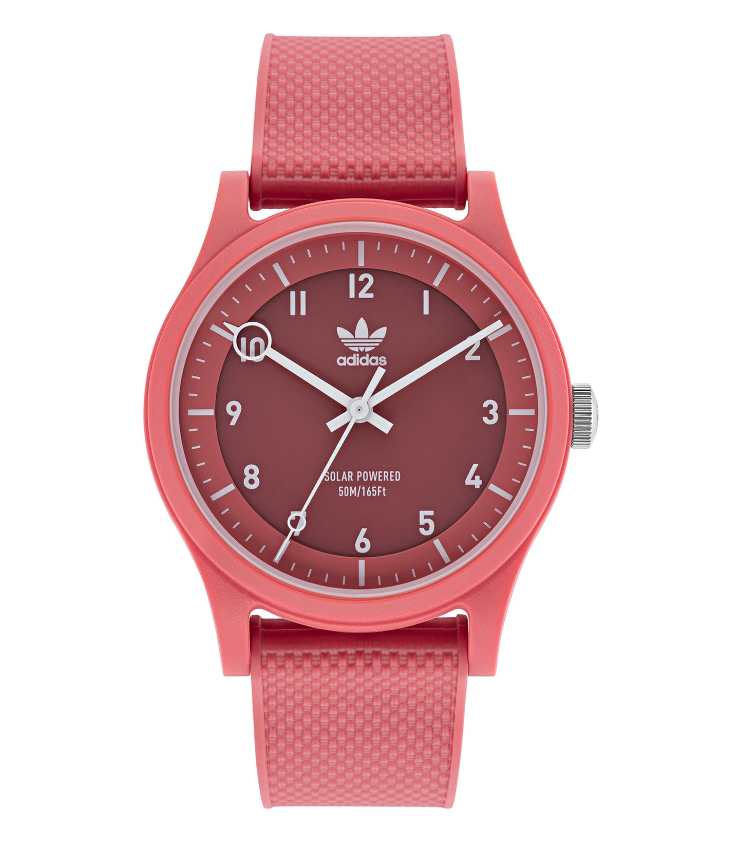 Adidas watch in neutral hue, side view showcasing minimalist design, black silicone strap, and bold watch face with white accents.