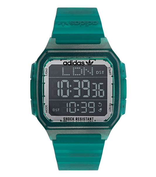 Stylish black adidas watch with digital display and silver details, photographed at a slight angle for optimal detail.