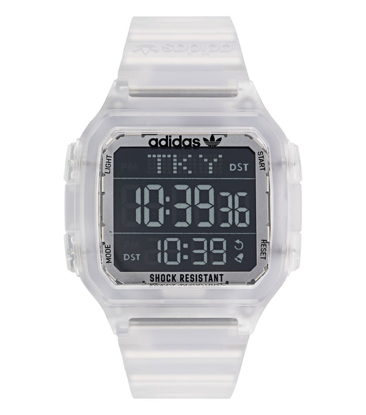 Adidas wristwatch with a sleek black strap; digital face with vibrant blue display captured at a slightly tilted angle.