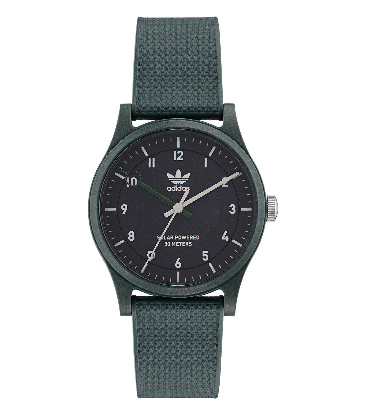 Adidas watch in a subtle color, flatlay view showcasing its minimalist round dial, sleek strap, embodying style and function.