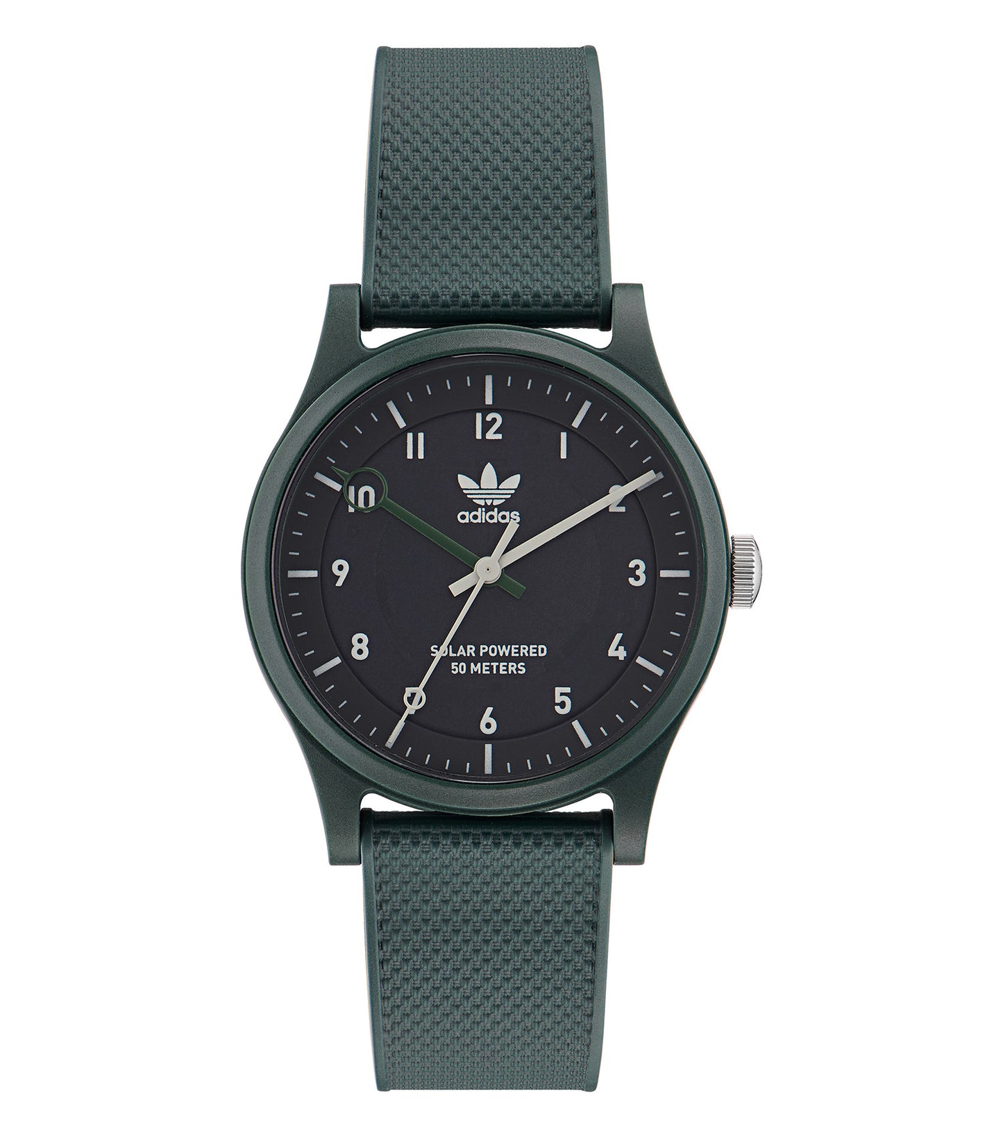 Adidas watch in a subtle color, flatlay view showcasing its minimalist round dial, sleek strap, embodying style and function.