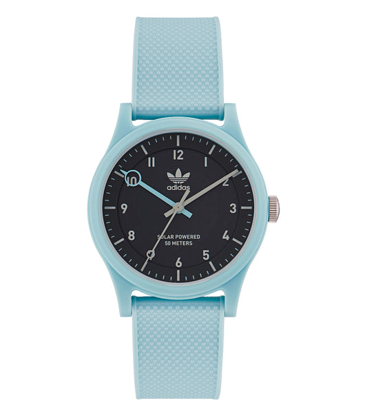 Adidas quartz watch, vibrant orange face, elegant gray strap, captured from side angle, showcases sleek modern design.