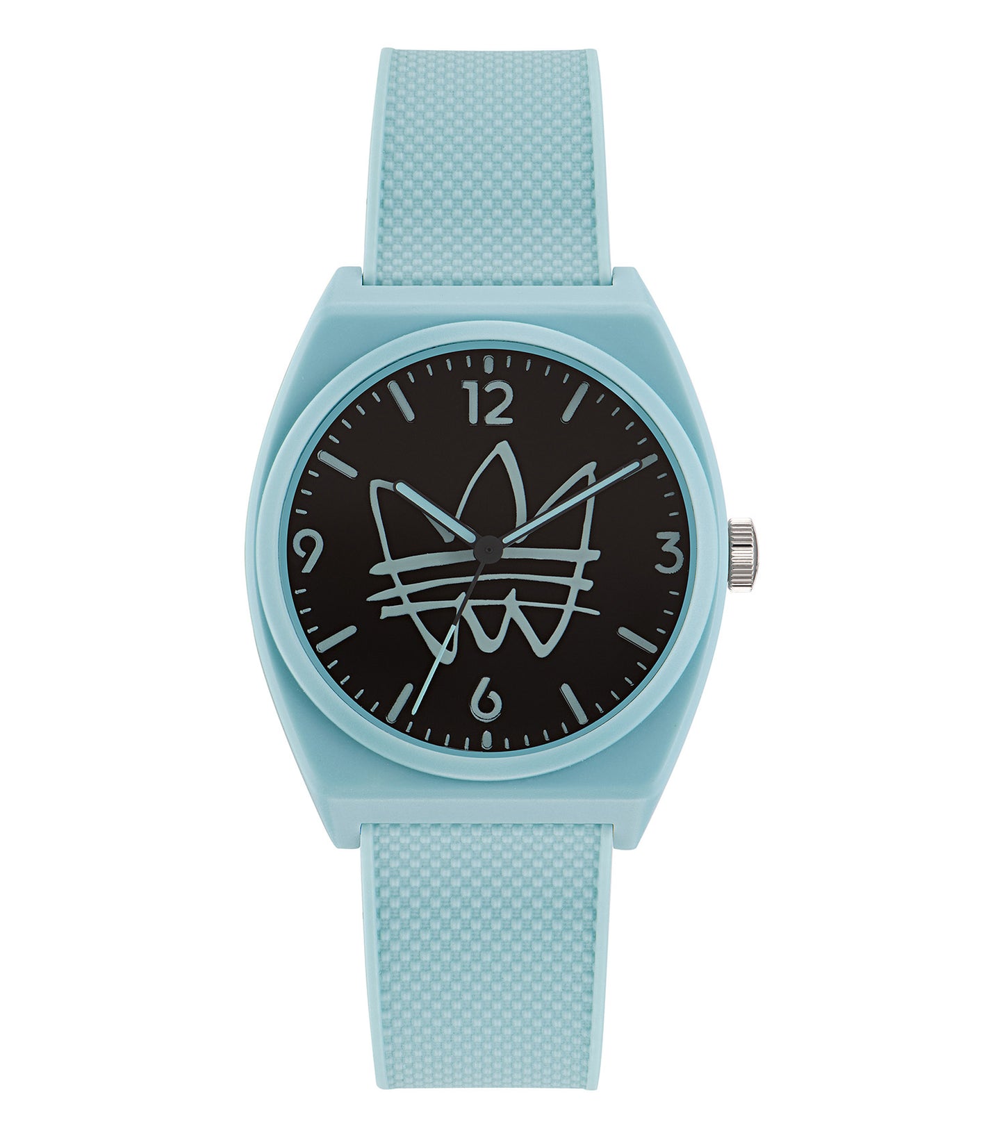 Adidas watch in soft none color, side view showcasing sleek design, unique minimalist dial, trendy mesh strap, and black case.