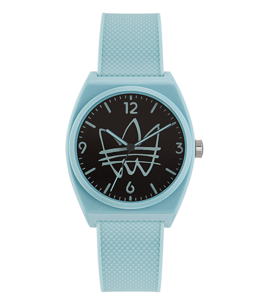 Adidas watch in soft none color, side view showcasing sleek design, unique minimalist dial, trendy mesh strap, and black case.