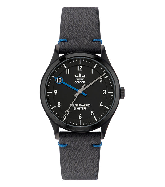 Adidas steel watch showcased at an angle, revealing a sleek design with a minimalist silver dial and durable metal strap.