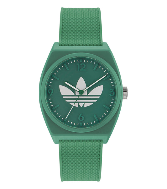 Adidas quartz watch in serene blue color, displaying front angle; minimalist design with brand logo, highlighting modern elegance.