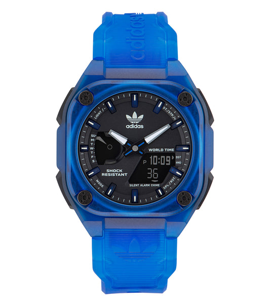 Adidas black watch with minimalist design, showcasing sleek black strap and round face, angled at 45 degrees, epitome of style.