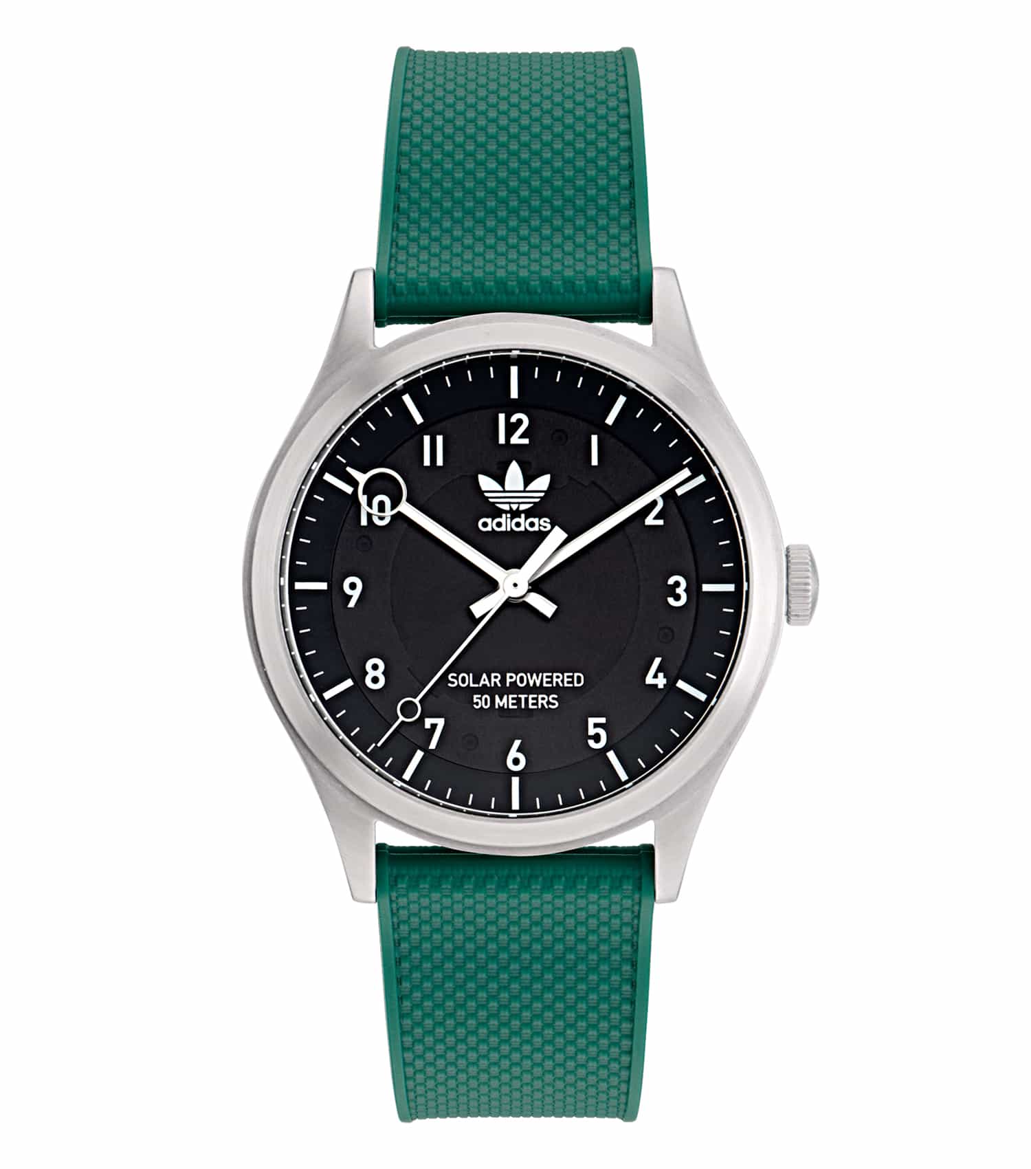 Adidas steel color watch, showcasing a sleek design from a straight-on angle, highlighting its sporty elegance in stainless steel.