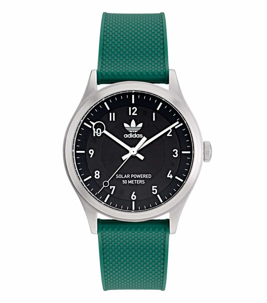 Adidas steel color watch, showcasing a sleek design from a straight-on angle, highlighting its sporty elegance in stainless steel.
