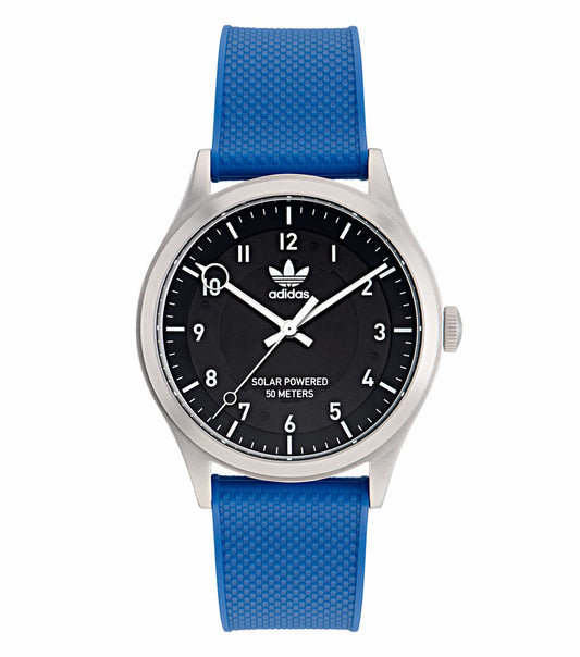 Adidas steel color watch showcasing sleek design from front angle, highlighting craftsmanship and style in timepieces.
