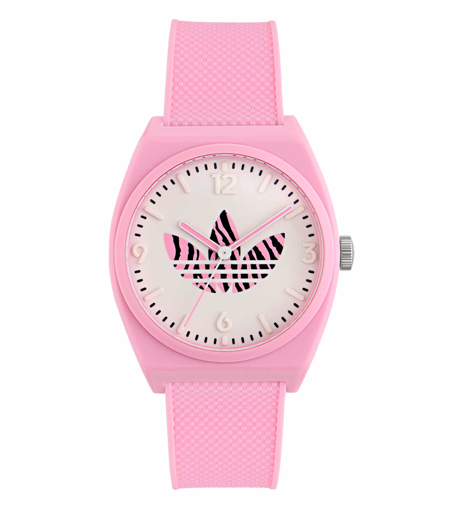 Stylish Adidas watch in sleek black, angled to showcase its modern face and strap, epitomizing contemporary timepiece elegance.