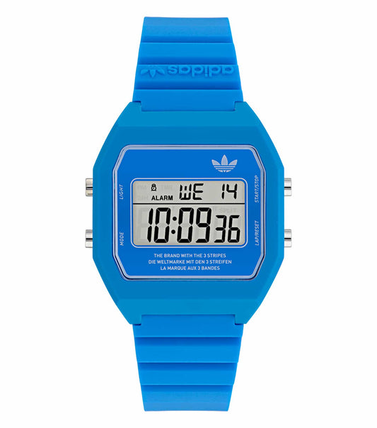 Adidas digital watch in black, showcasing the front angle view with its sleek design and precise time display, ideal for enthusiasts.