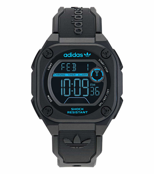 Sleek black adidas watch with round dial, silver markers, and sporty elegance viewed from a 45-degree angle.
