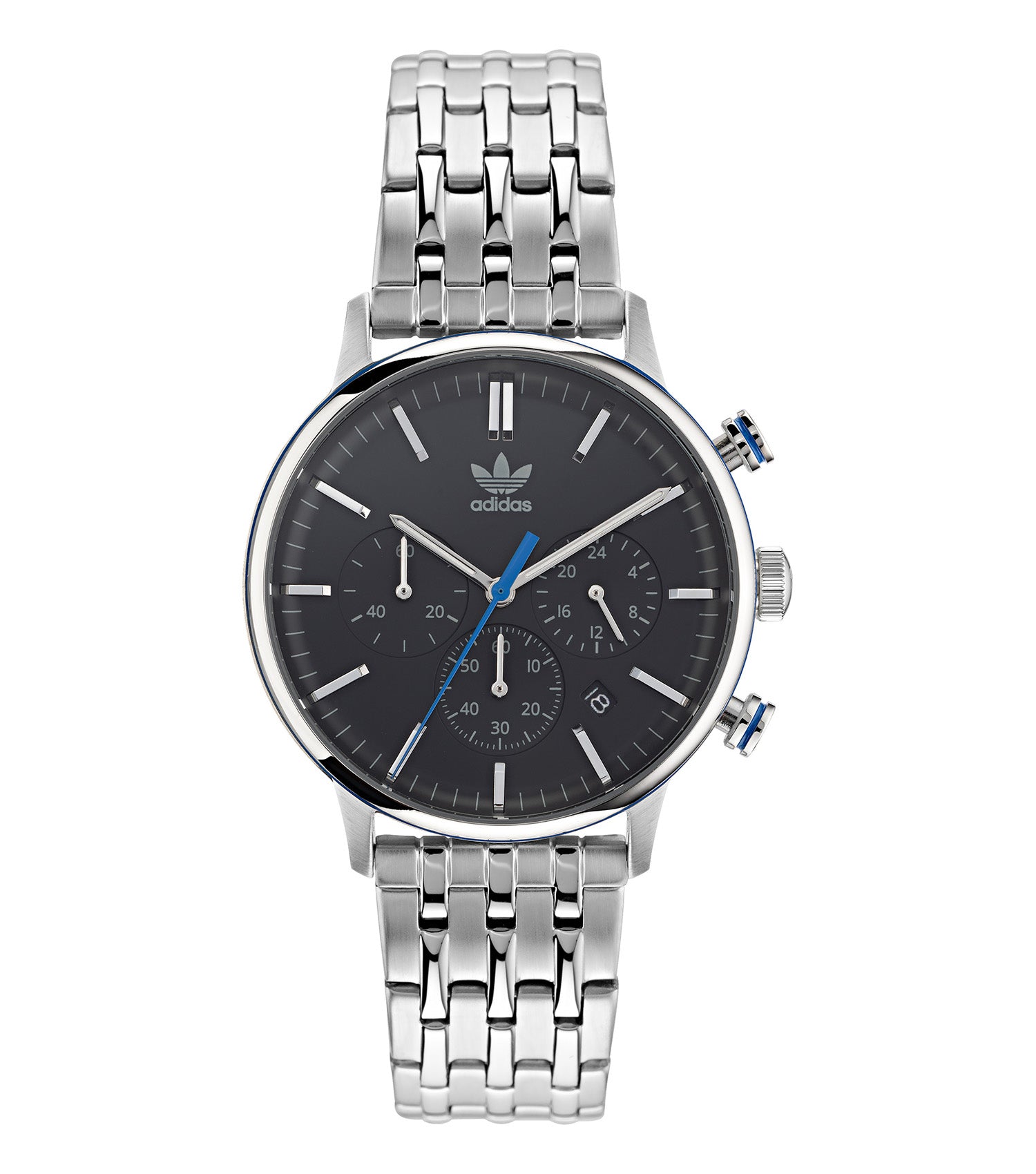 Sleek black adidas watch with minimalist design at a three-quarter angle, showcasing brand's precise craftsmanship and modern appeal.