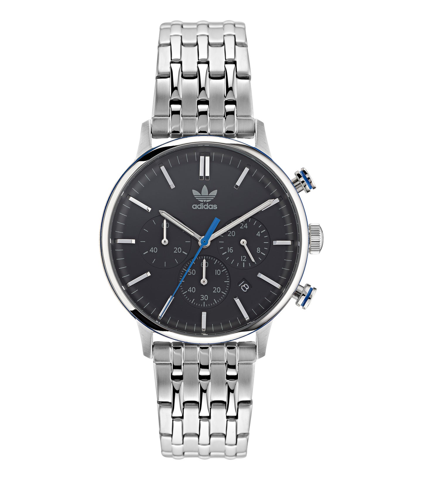Sleek black adidas watch with minimalist design at a three-quarter angle, showcasing brand's precise craftsmanship and modern appeal.