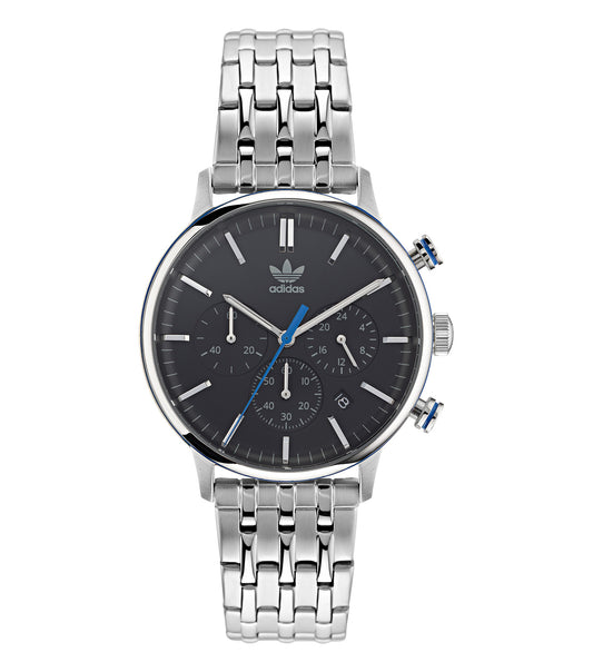 Sleek black adidas watch with minimalist design at a three-quarter angle, showcasing brand's precise craftsmanship and modern appeal.