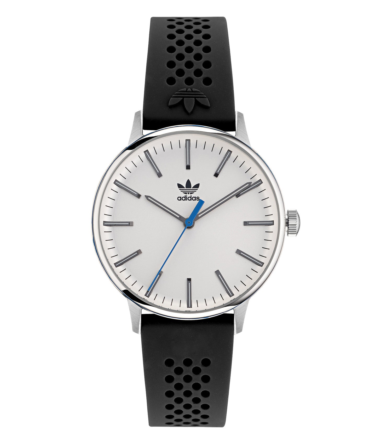 Adidas classic watch in vibrant blue, showcasing a minimalistic design at a dynamic angle, perfect for sporty elegance.
