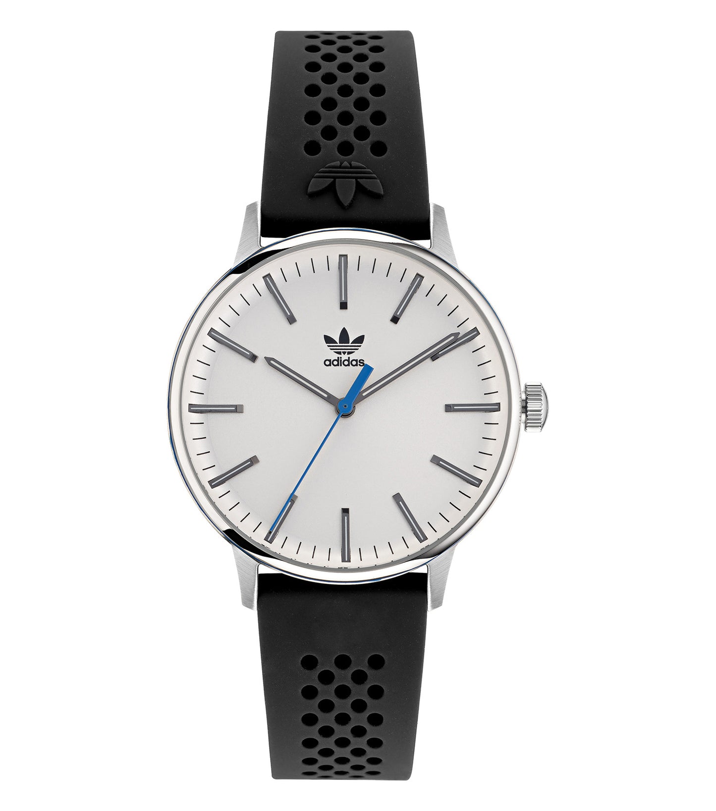 Adidas classic watch in vibrant blue, showcasing a minimalistic design at a dynamic angle, perfect for sporty elegance.