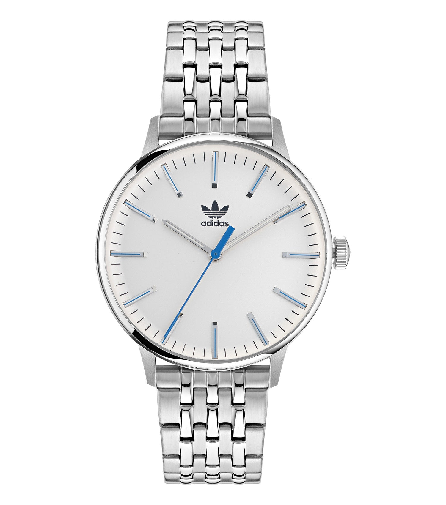 Adidas watch with sleek black strap, minimalist dial, and iconic logo, showcased at a dynamic 45-degree angle.