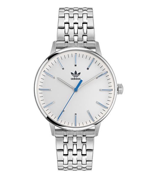 Adidas watch with sleek black strap, minimalist dial, and iconic logo, showcased at a dynamic 45-degree angle.