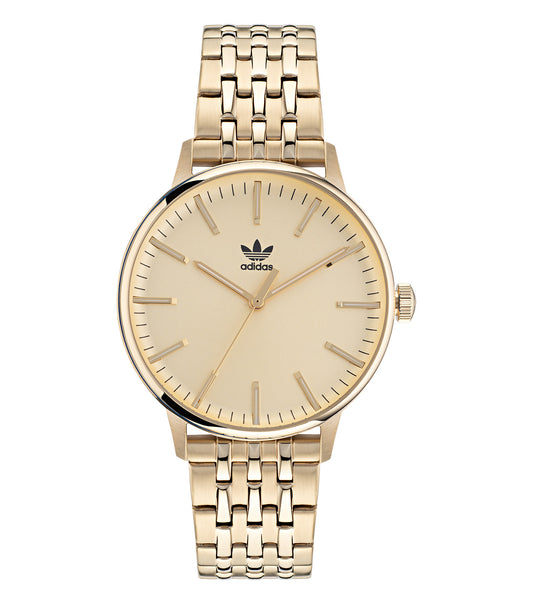Adidas black watch with minimalist design, angled at 38 degrees, showcasing the iconic logo on the sleek dial and beige strap.