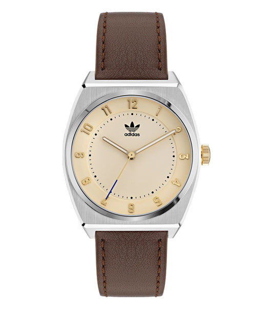 adidas watch with quartz color, side angle view; sleek minimalist design with black strap and silver-toned case; passion for precision.