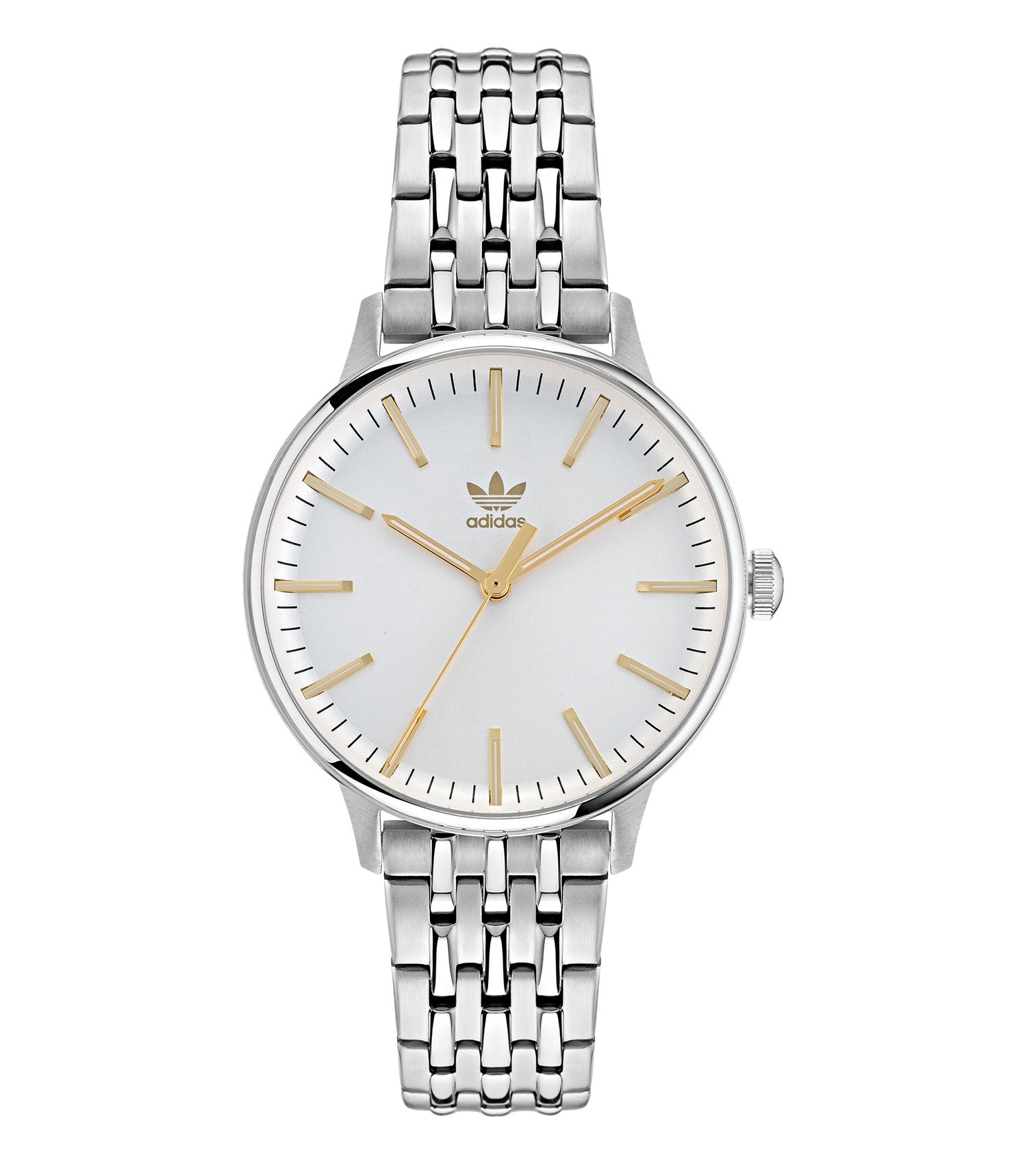Adidas black watch with sleek design, displayed at a 35-degree angle, showcasing minimalistic dial and branded strap.