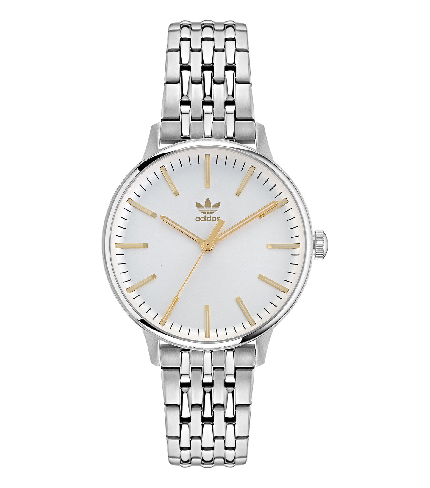 Adidas black watch with sleek design, displayed at a 35-degree angle, showcasing minimalistic dial and branded strap.