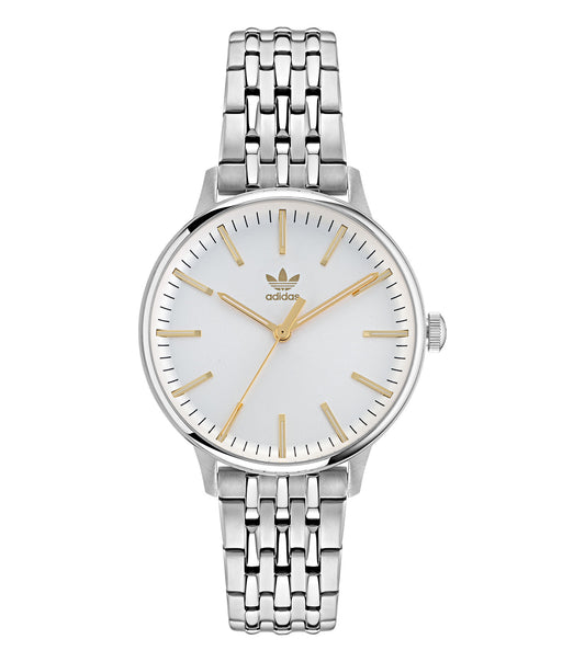 Adidas black watch with sleek design, displayed at a 35-degree angle, showcasing minimalistic dial and branded strap.