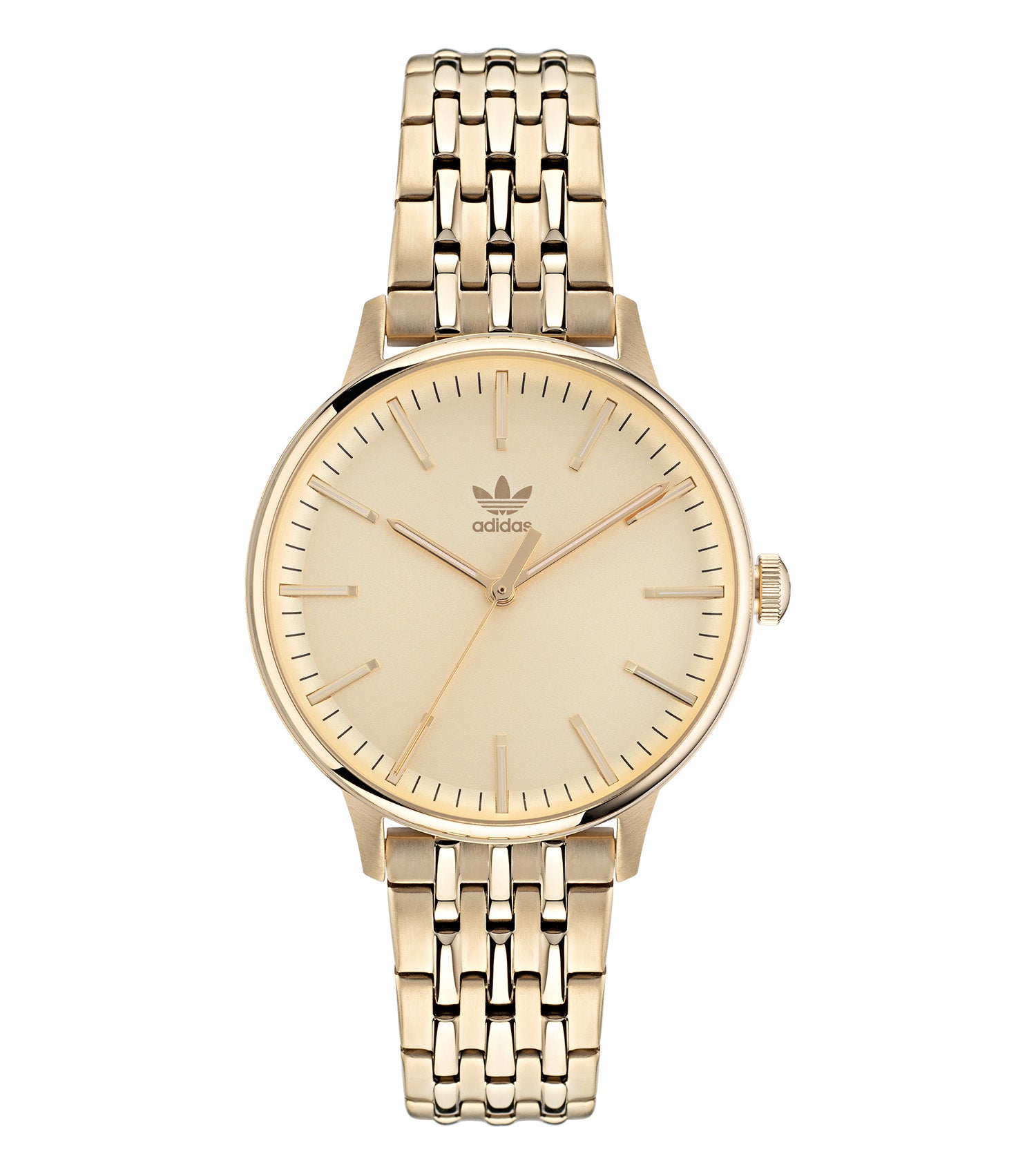 Adidas quartz watch, side-angle view; features sleek design with a black minimalist dial and strap, perfect for modern style enthusiasts.