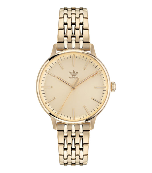Adidas quartz watch, side-angle view; features sleek design with a black minimalist dial and strap, perfect for modern style enthusiasts.