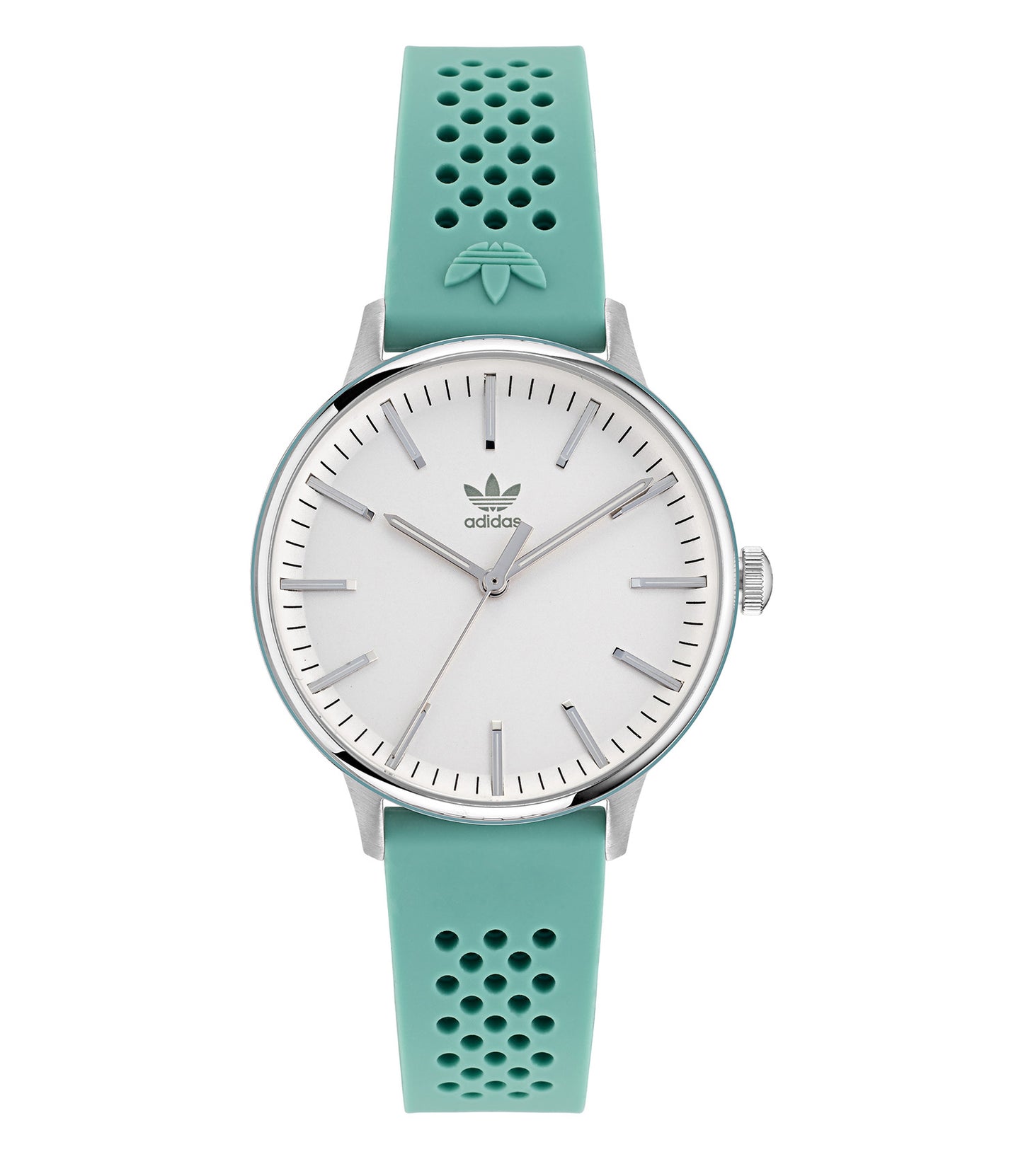 Adidas quartz watch in vibrant color with an easygoing flow, angled view showcasing minimalist design and textured band.