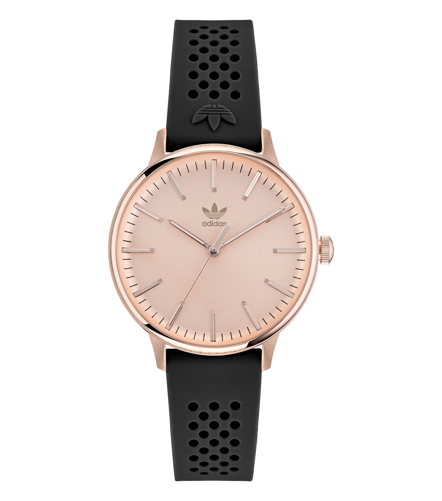 Adidas watch: close-up of sleek black watch design with bold, minimalist dial and comfortable strap, angled from front view.