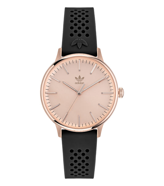 Adidas watch: close-up of sleek black watch design with bold, minimalist dial and comfortable strap, angled from front view.